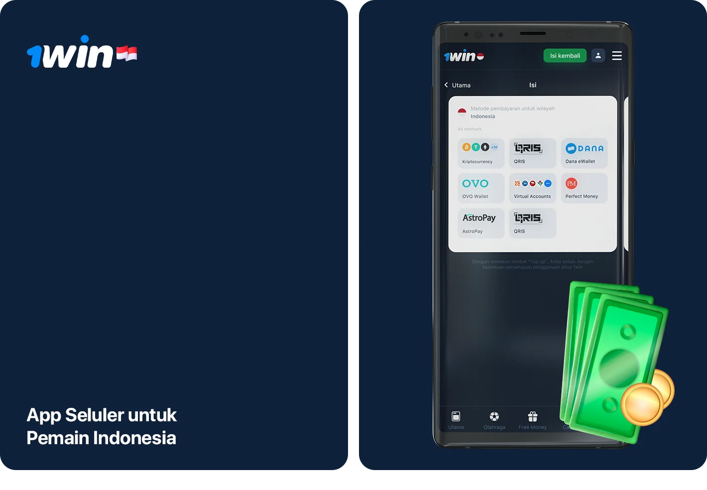 1Win Menerima semua metode pembayaran populer Indonesia di Aplikasi Seluler
