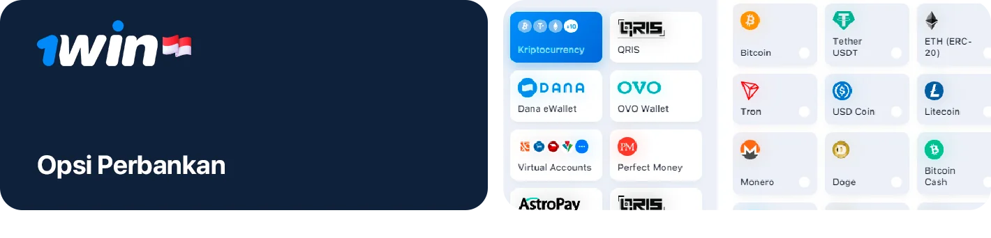 1Win Menyediakan semua opsi perbankan populer Indonesia dan internasional, termasuk cryptocurrency