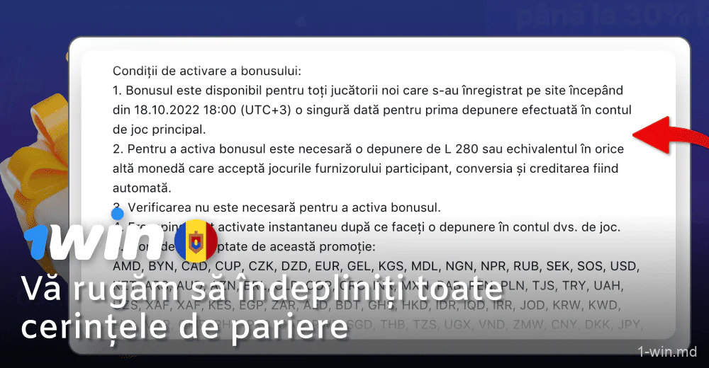 Îndepliniți cerințele de pariere pentru bonusul 1win