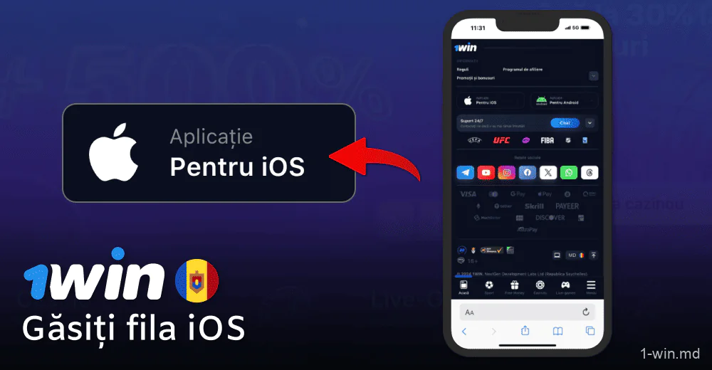 În partea de jos a site-ului web 1win, faceți clic pe iconița iOS