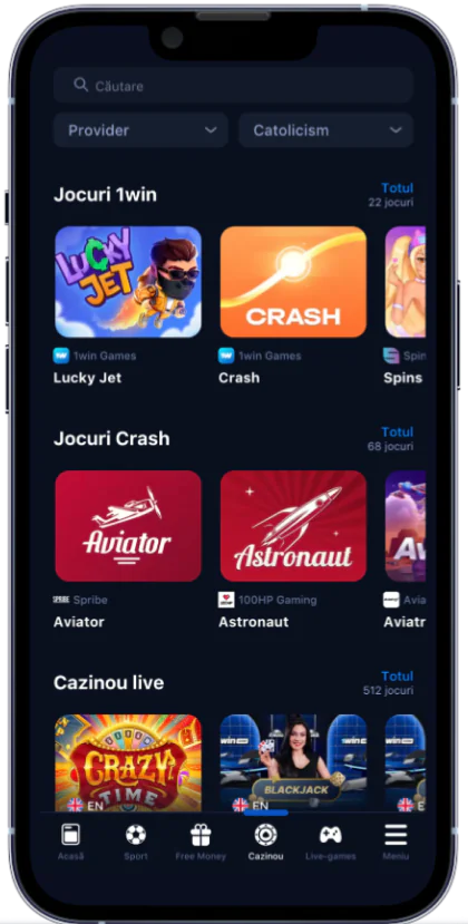 Captură de ecran a paginii de jocuri de cazinou 1win