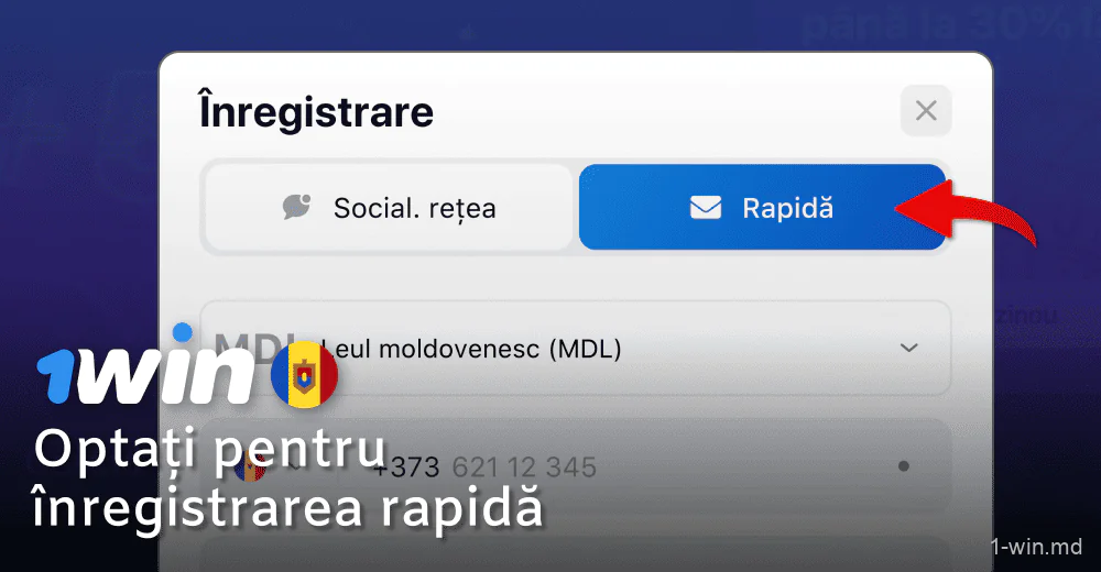 Selectați metoda de înregistrare pe 1win