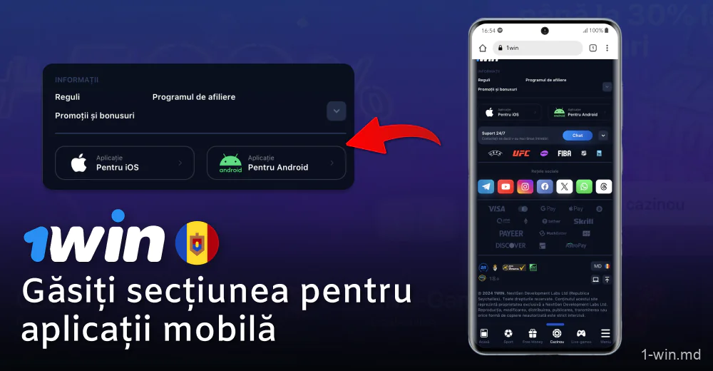 În partea de jos a site-ului web 1win, găsiți pictograma „Mobile App”