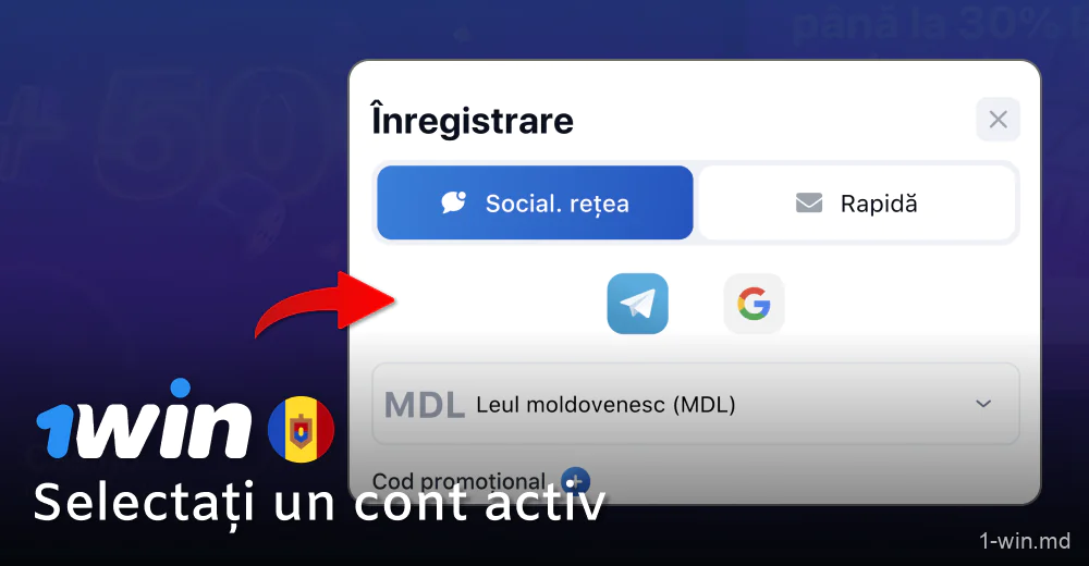 Introduceți contul dvs. atunci când vă înregistrați prin 1win social media